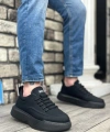 Shoecide Sb0332 Merdiven Desen Bağcıklı Erkek Yüksek Taban Siyah Cilt Siyah Taban Spor Ayakkabı