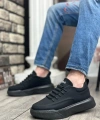 Shoecide Sb0332 Merdiven Desen Bağcıklı Erkek Yüksek Taban Siyah Cilt Siyah Taban Spor Ayakkabı