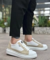 Shoecide Sb0423 Boa Kalın Yüksek Taban Beyaz Krem Bağcıklı Spor Erkek Ayakkabı