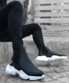 Shoecide Sb0444 Bağcıksız Rahat Yüksek Taban Siyah Beyaz Taban Erkek Spor Yarım Bilek Bot