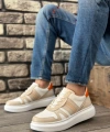 Shoecide Sb0548 Boa Kalın Yüksek Krem Beyaz Taban Beyaz Bağcıklı Spor Erkek Ayakkabı