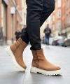 Shoecide Sb0777 Süet Taba Krem Taban Çift Fermuarlı Erkek Yarım Bilek Bot