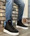 Shoecide Sb0811 Boa Yüksek Beyaz Taban Siyah Paraşüt Kumaş Cilt Detaylı Yarım Bilek Spor Bot