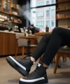 Shoecide Sb0811 Boa Yüksek Taban Siyah Paraşüt Kumaş Beyaz Cilt Detaylı Yarım Bilek Spor Bot