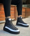 Shoecide Sb0811 Boa Yüksek Taban Siyah Paraşüt Kumaş Beyaz Cilt Detaylı Yarım Bilek Spor Bot