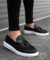 Shoecide Sbo0005 Bağcıksız Yüksek Taban Klasik Püsküllü Corcik Erkek Ayakkabı Siyah Beyaz
