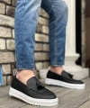 Shoecide Sbo0154  Bağcıksız Yüksek Taban Cilt Siyah Renk Beyaz Taban Püsküllü Erkek Ayakkabı