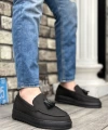 Shoecide Sbo0154 Bağcıksız Yüksek Taban Siyah Keten Siyah Taban Püsküllü Erkek Ayakkabı