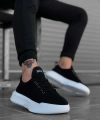 Shoecide Sbo0163 Bağcıklı Erkek Yüksek Taban Siyah Beyaz Taban Spor Ayakkabı