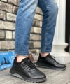 Shoecide Sbo0335 Hakiki Deri Rahat Taban Ayarlanabilir Lastik Bağcıklı Siyah Casual Erkek Ayakkabı