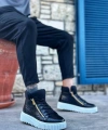 Shoecide Snr-512 Boa Kalın Yüksek Taban Çift Fermuarlı Siyah Erkek Spor Bot