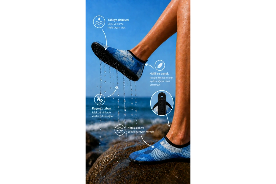 Shoecide Mavi Kübik Desen Kadın Deniz Ayakkabısı – Hafif, Kaydırmaz, Hızlı Kuruyan Aqua Shoes