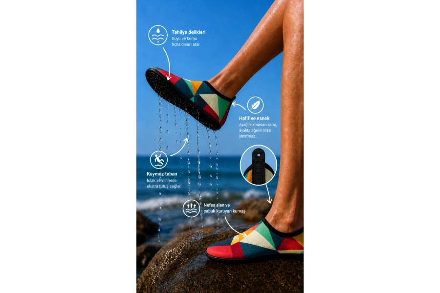Shoecide Renkli Üçgen Desen Kadın Deniz Ayakkabısı – Hafif, Kaydırmaz, Hızlı Kuruyan Aqua Shoes