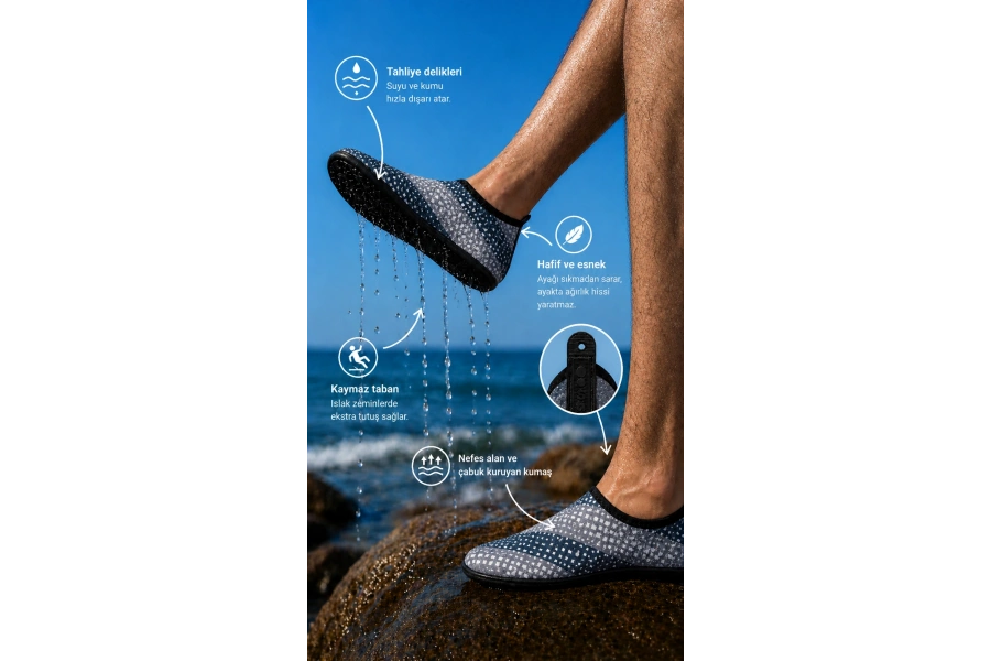 Shoecide Gri Kare Desenli Erkek Deniz Ayakkabısı – Hafif, Kaydırmaz, Hızlı Kuruyan Aqua Shoes