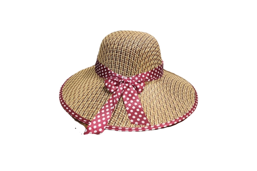 Bordo Puantiye Tasarımlı Kadın Hasır Şapka