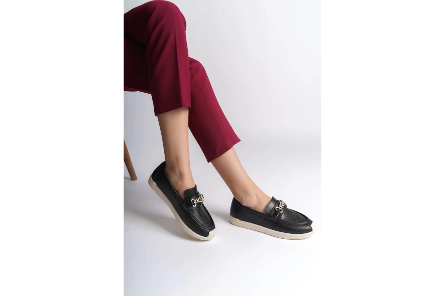 LILY Bağcıksız Ortopedik Rahat Taban Çiçek Desenli Babet Ayakkabı KT Siyah