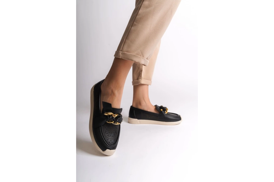 LYDIA Bağcıksız Ortopedik Rahat Taban Çiçek Desenli Babet Ayakkabı KT Siyah