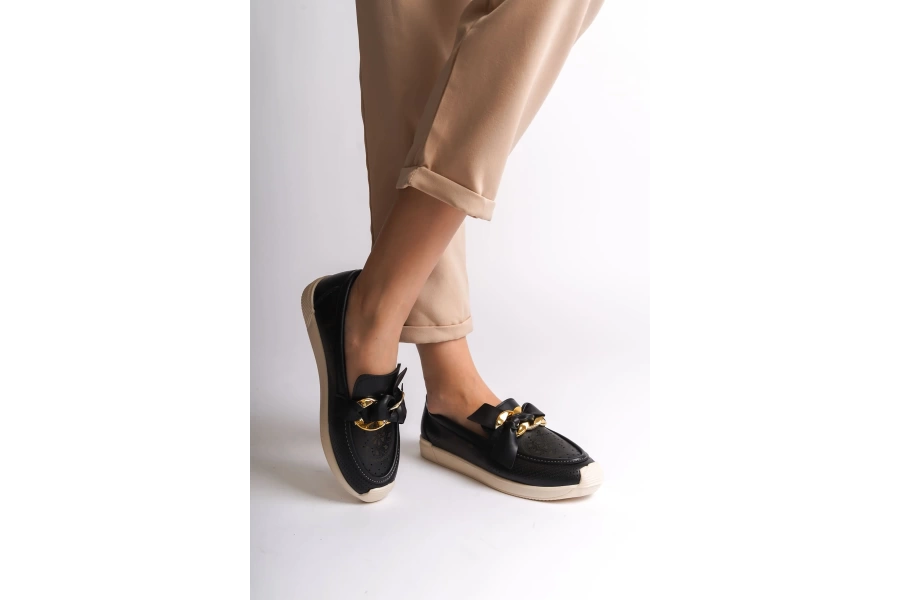 LYDIA Bağcıksız Ortopedik Rahat Taban Çiçek Desenli Babet Ayakkabı KT Siyah