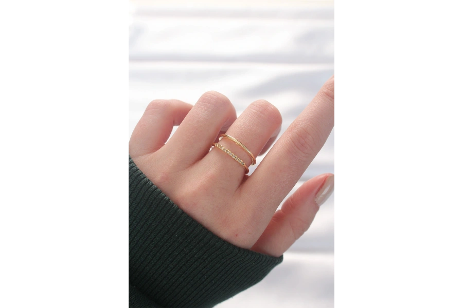 Shoecide 2li Görünümlü Su Yolu Tasarımlı Gold Renk Ayarlanabilir Yüzük