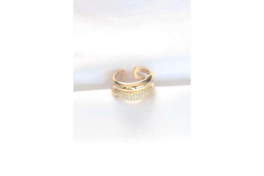 Shoecide 2li Görünümlü Zirkon Taşlı Gold Renk Ayarlanabilir Bombe Yüzük