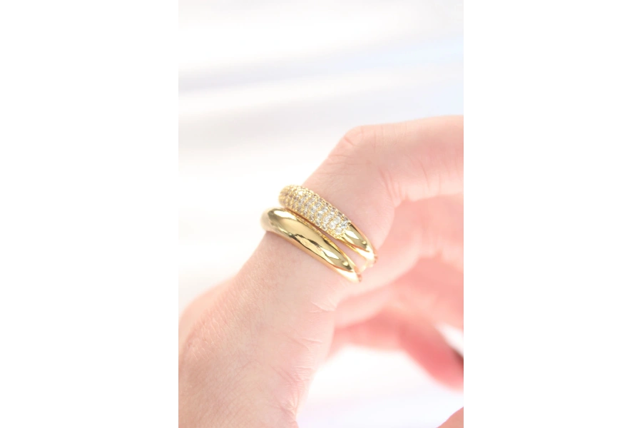 Shoecide 2li Görünümlü Zirkon Taşlı Gold Renk Ayarlanabilir Bombe Yüzük