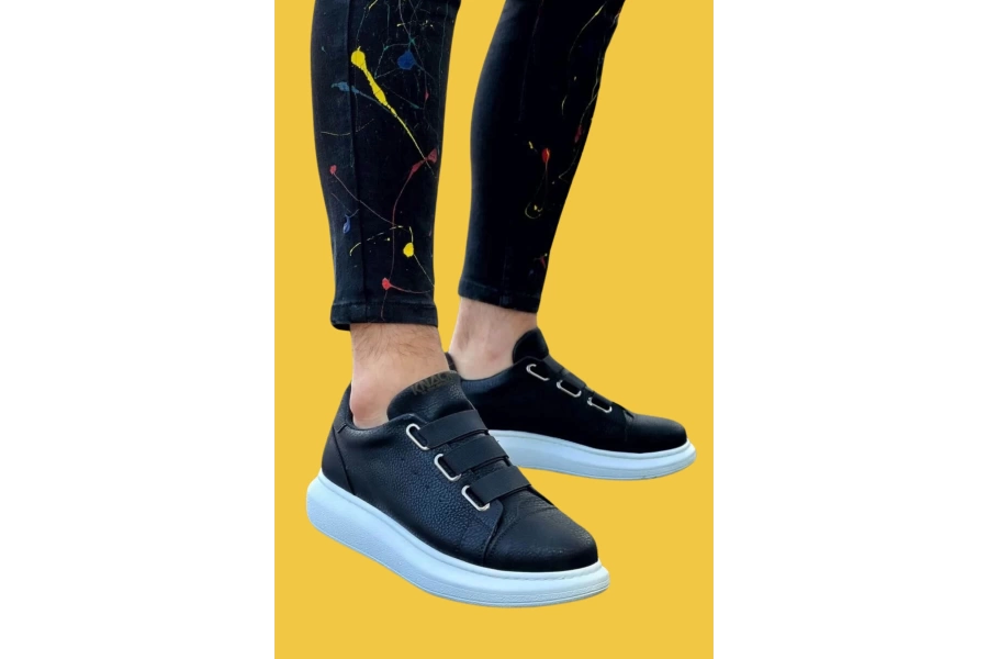 Shoecide 3 Bantlı Rahat Yüksek Taban Siyah Erkek Sneakers Ayakkabı 889 (beyaz Taban)