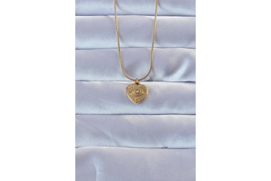 Shoecide 316l Altın Renk Zirkon Taşlı İşlemeli Göz Detay Kalp Kolye