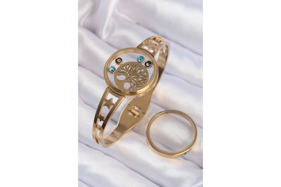 Shoecide 316l Çelik Altın Renk İçi Yaşam Ağacı Ve Nazar Boncuk Figürlü Açılabilir Fanus Kelepçe