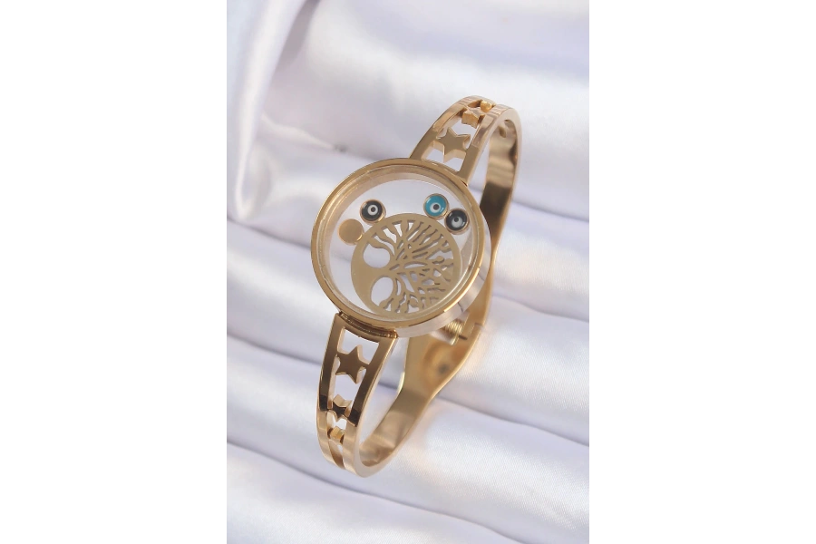 Shoecide 316l Çelik Altın Renk İçi Yaşam Ağacı Ve Nazar Boncuk Figürlü Açılabilir Fanus Kelepçe