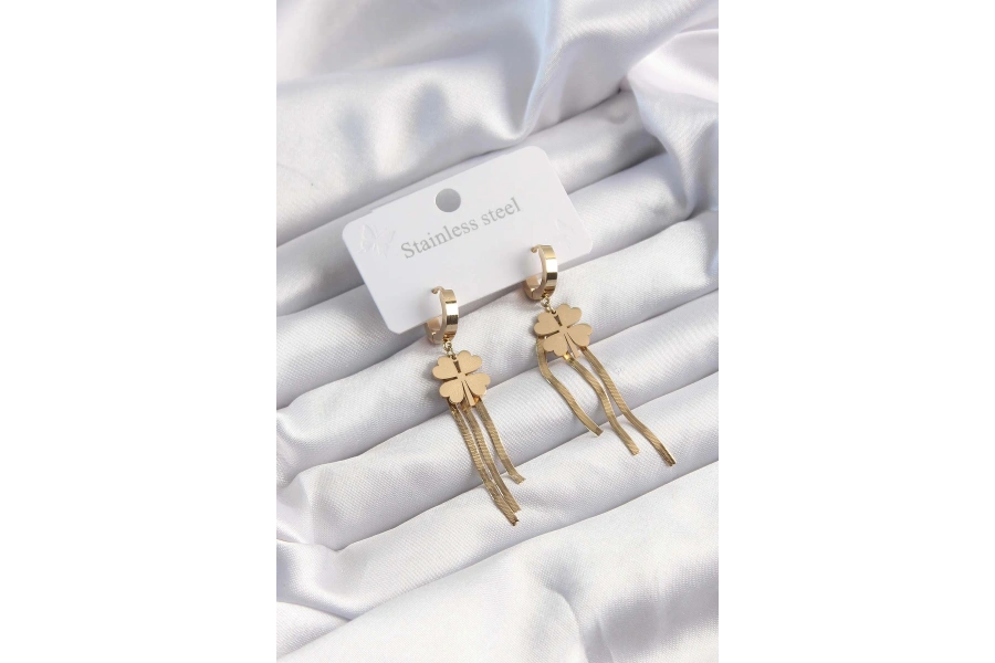 Shoecide 316l Çelik Altın Renk İtalyan Zincirli Yonca Model Halka Küpe