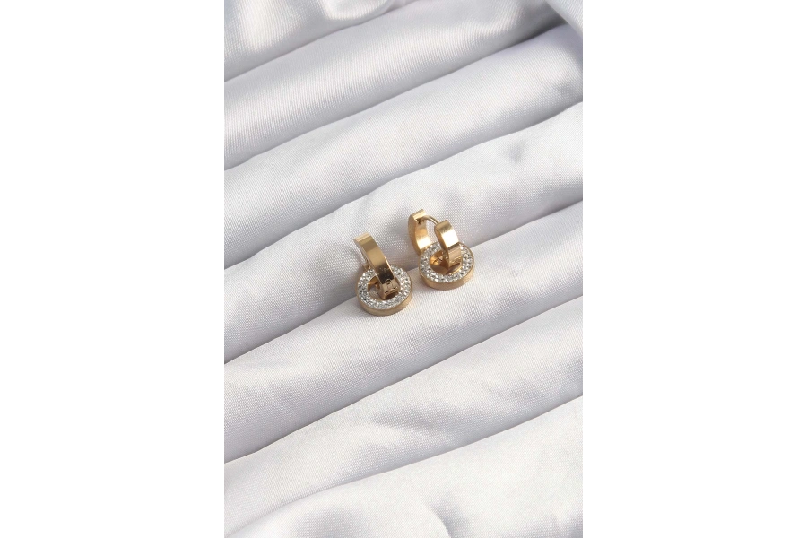 Shoecide 316l Çelik Altın Renk Zirkon Taşlı Halka Model Küpe