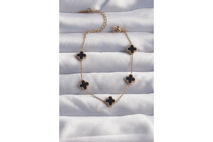 Shoecide 316l Çelik Baby Boy Gold Renk Siyah Mineli Yonca Bileklik