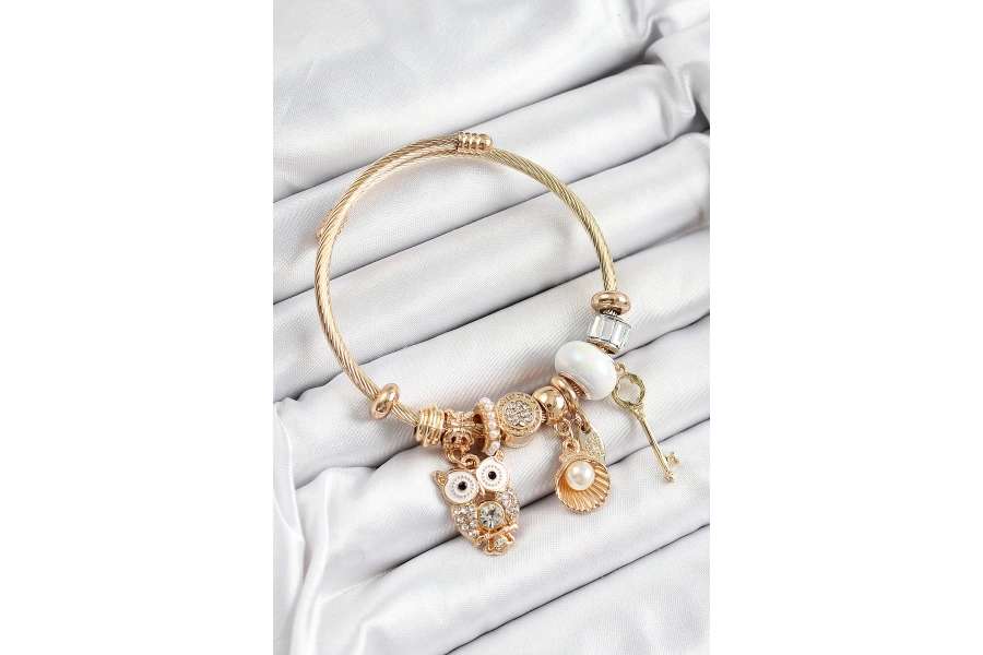 Shoecide 316l Çelik Beyaz Zirkon Taşlı Baykuş İstiridye Ve Anahtar Model Gold Renk Charm Bileklik