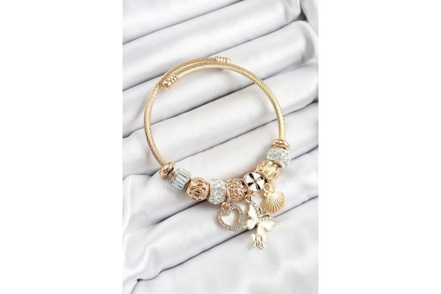 Shoecide 316l Çelik Beyaz Zirkon Taşlı Kalp Kelebek Ve İstiridye Model Gold Renk Charm Bileklik