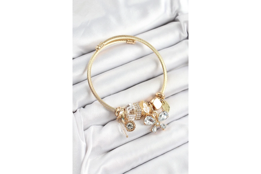 Shoecide 316l Çelik Beyaz Zirkon Taşlı Kelebek Model Gold Renk Charm Bileklik