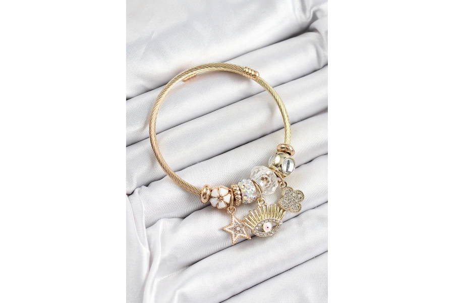 Shoecide 316l Çelik Beyaz Zirkon Taşlı Yıldız Göz Ve Yonca Model Gold Renk Charm Bileklik