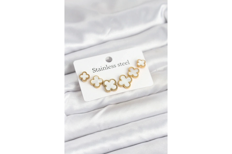 Shoecide 316l Çelik Gold Beyaz Renk 3 Boy Yonca Küpe Seti