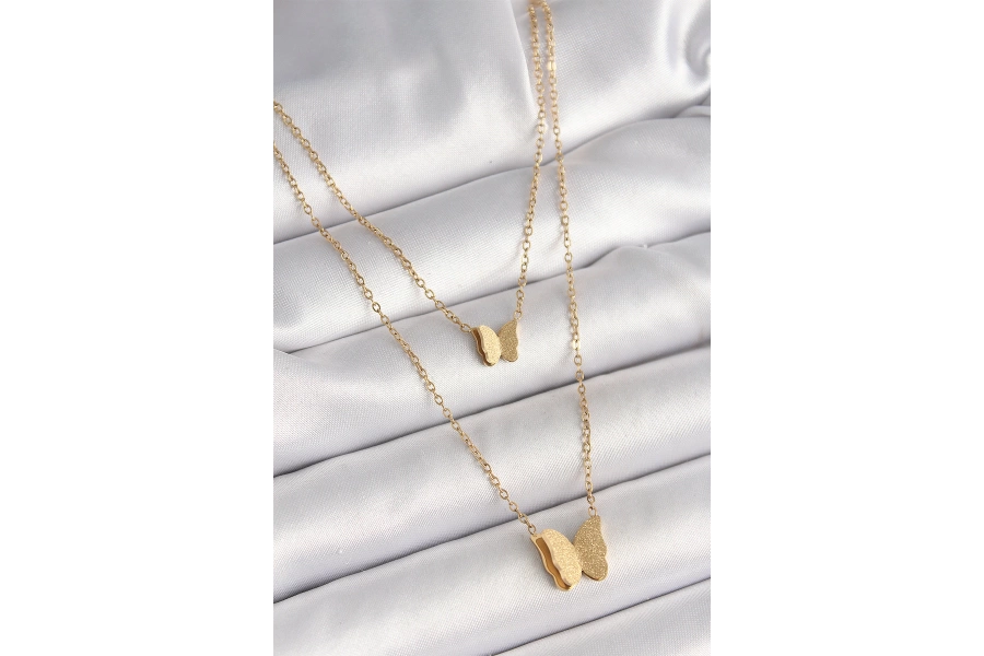 Shoecide 316l Çelik Gold Renk 2li Simli Kelebek Model Kadın Kolye