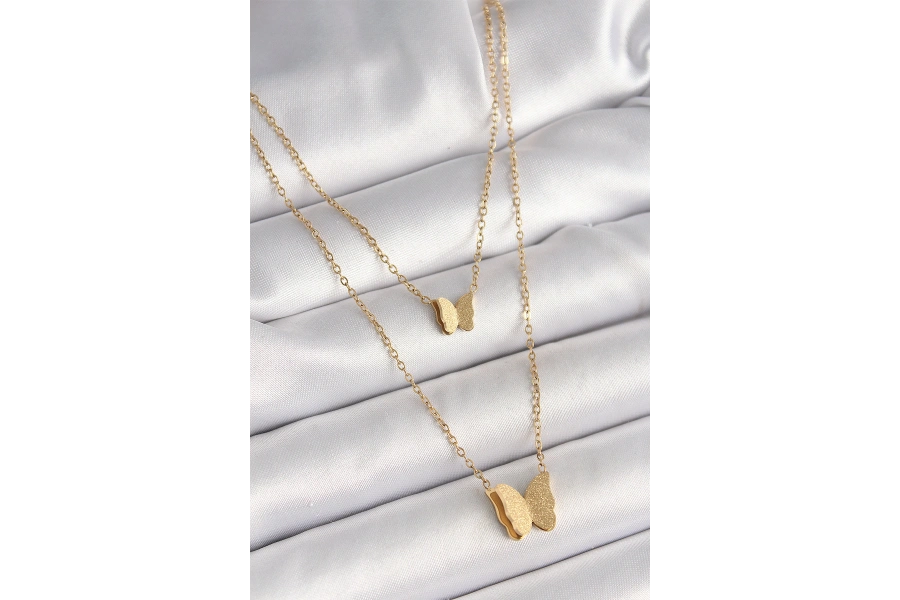 Shoecide 316l Çelik Gold Renk 2li Simli Kelebek Model Kadın Kolye