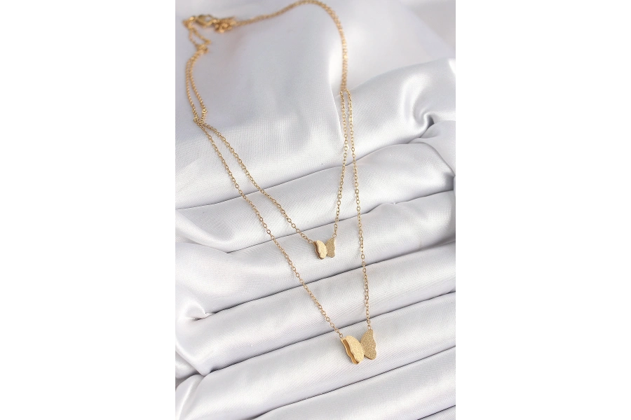 Shoecide 316l Çelik Gold Renk 2li Simli Kelebek Model Kadın Kolye