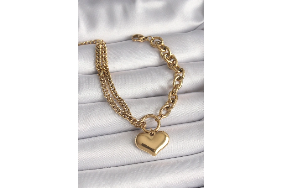 Shoecide 316l Çelik Gold Renk 2li Zincir Model Kalp Figür Kadın Bileklik