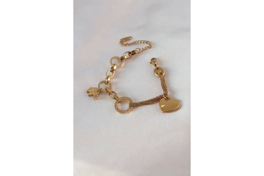 Shoecide 316l Çelik Gold Renk 2li Zincir Model Zirkon Taş Detay Kadın Bileklik