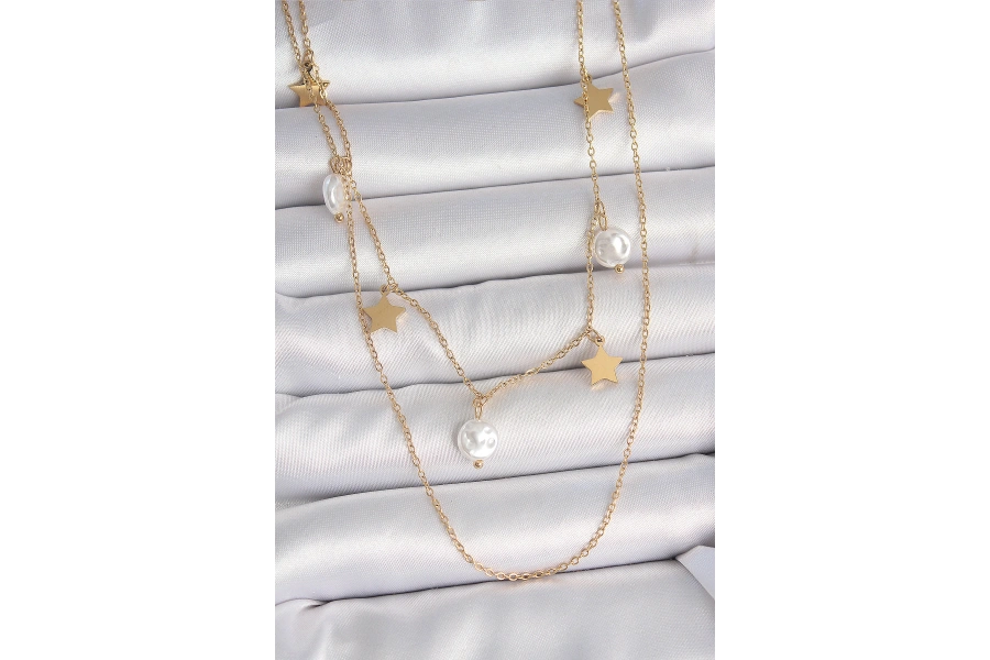 Shoecide 316l Çelik Gold Renk 2li Zincir Sallantı Yıldız İnci Model Kadın Kolye