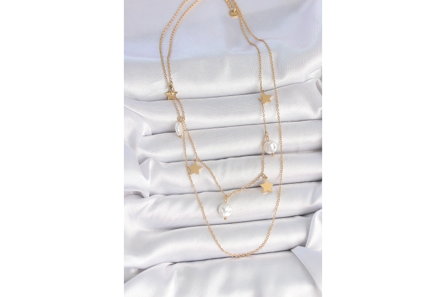 Shoecide 316l Çelik Gold Renk 2li Zincir Sallantı Yıldız İnci Model Kadın Kolye