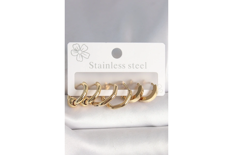 Shoecide 316l Çelik Gold Renk Altıgen Halka Model Kadın Küpe Seti