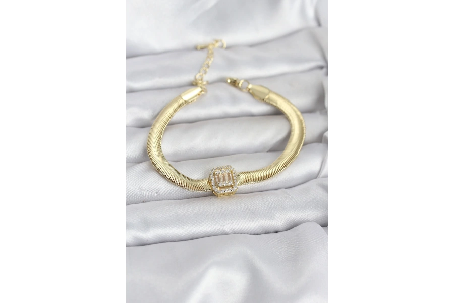 Shoecide 316l Çelik Gold Renk Baget Zirkon Taşlı Yılan Zincirli Kadın Bileklik