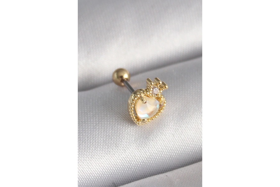 Shoecide 316l Çelik Gold Renk Beyaz Mineli Kalp Zirkon Taş Detaylı Taç Tragus Piercing