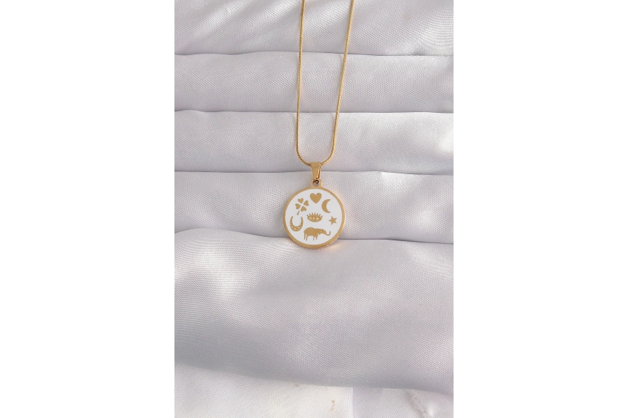 Shoecide 316l Çelik Gold Renk Beyaz Mineli Karışık Figürlü Tarot Kolye