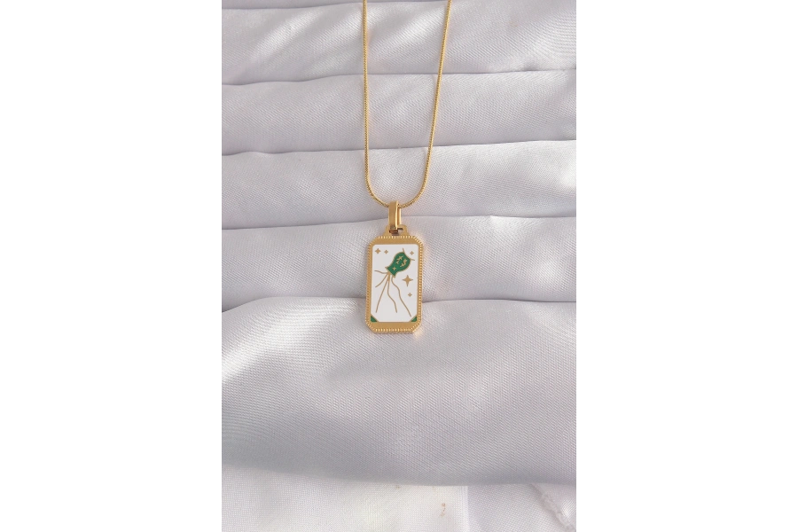 Shoecide 316l Çelik Gold Renk Beyaz Mineli Tarot Kolye