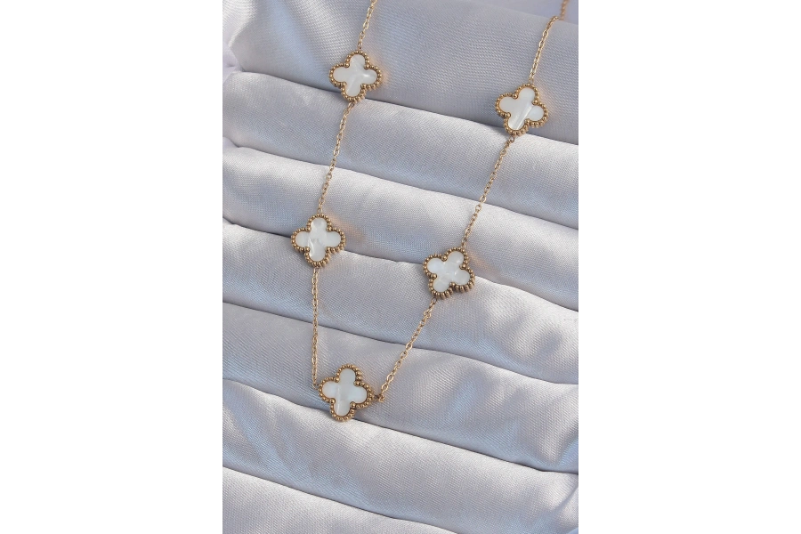 Shoecide 316l Çelik Gold Renk Beyaz Sedefli Yonca Kolye